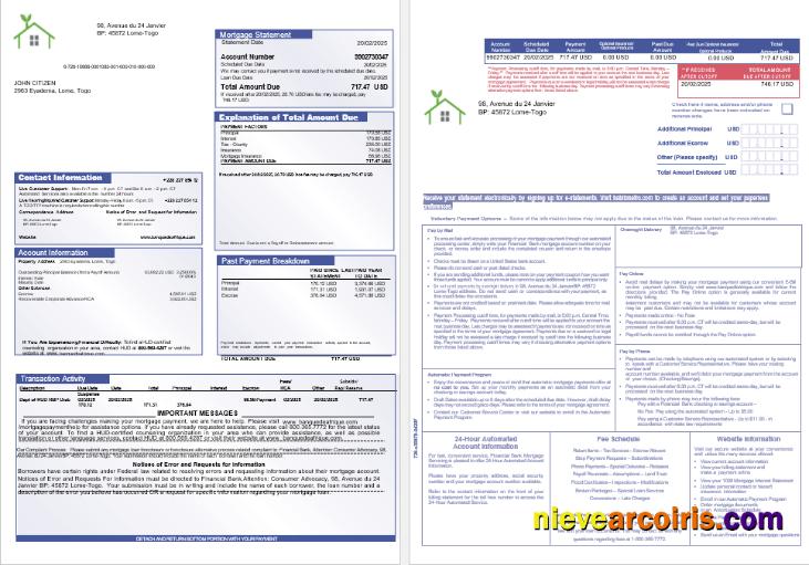 Togo Financial Bank mortgage statement, 3 pages